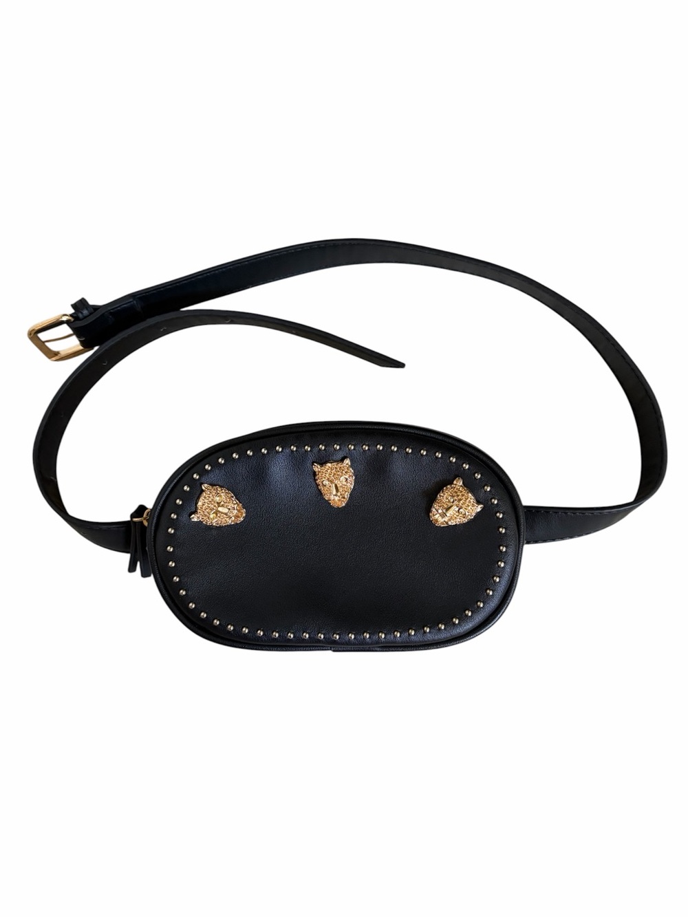 Topshop Black Oval Studded Belt Bag Gold-Tone Lion Jaguar Heads Faux Leather